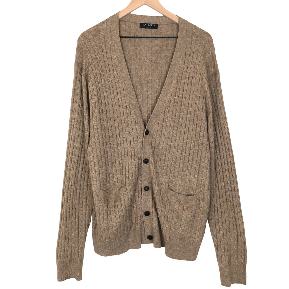 KALLSPIN Cable Knit Wool Blend Cardigan Sweater Men's L Beige Pockets Grandpa